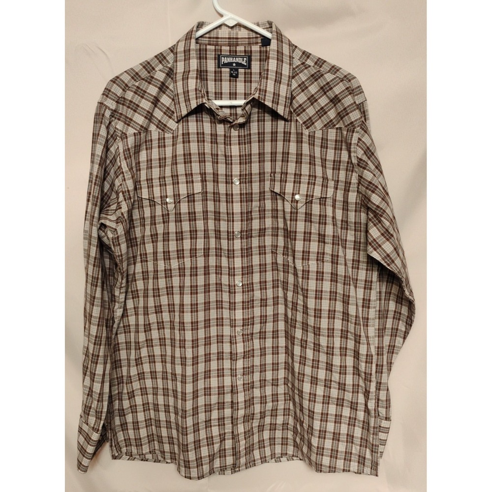 Panhandle Mens Large L 16 1/2 36 Brown Plaid Pearl Snap Button‎ Up Western Shirt